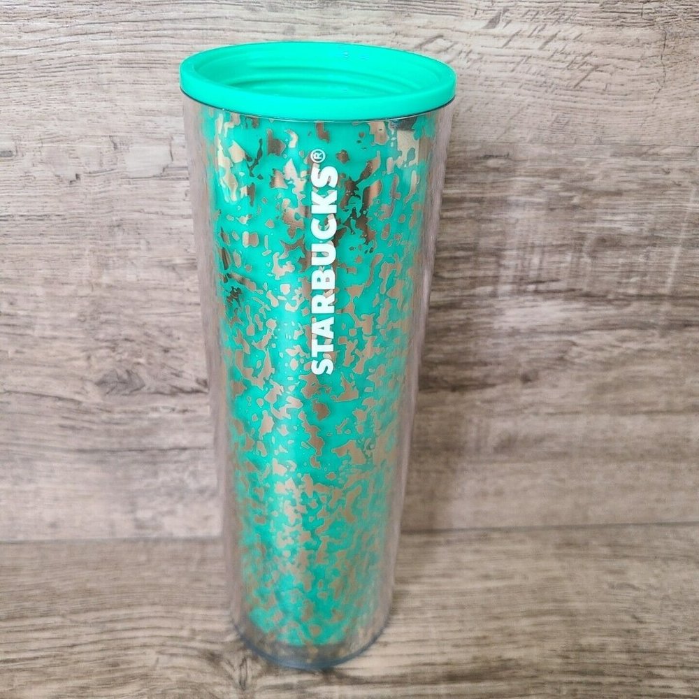 Starbucks 2020 Green Gold Metallic Crackle Plastic Tumbler Cup Mug Skinny NO LID